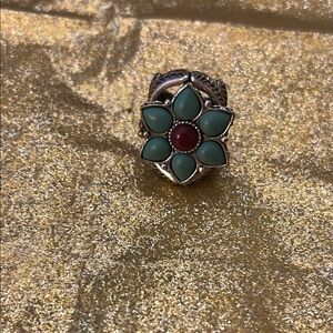 Silver Ring size 7-8 with Floral Design made with genuine coral and turquoise
